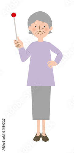 指示棒で上のほうを指し示すおばあちゃんの全身ベクターイラスト