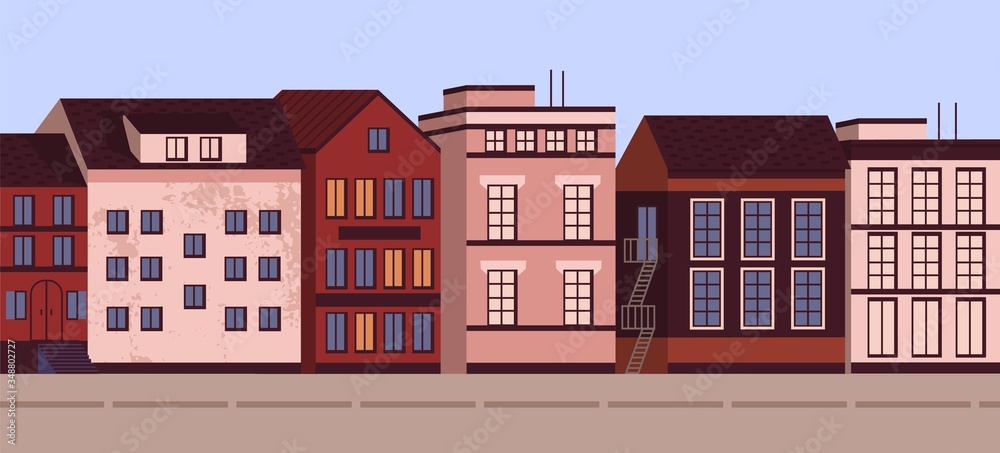 Colorful horizontal cityscape banner vector flat illustration. Modern urban architecture landscape city view. Street of town with living houses exterior. Facade of residence building with windows