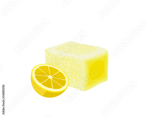 Turkish delight, lokum. Traditional oriental sweet candy with lemon. Vector illustration cartoon icon isolated on white.