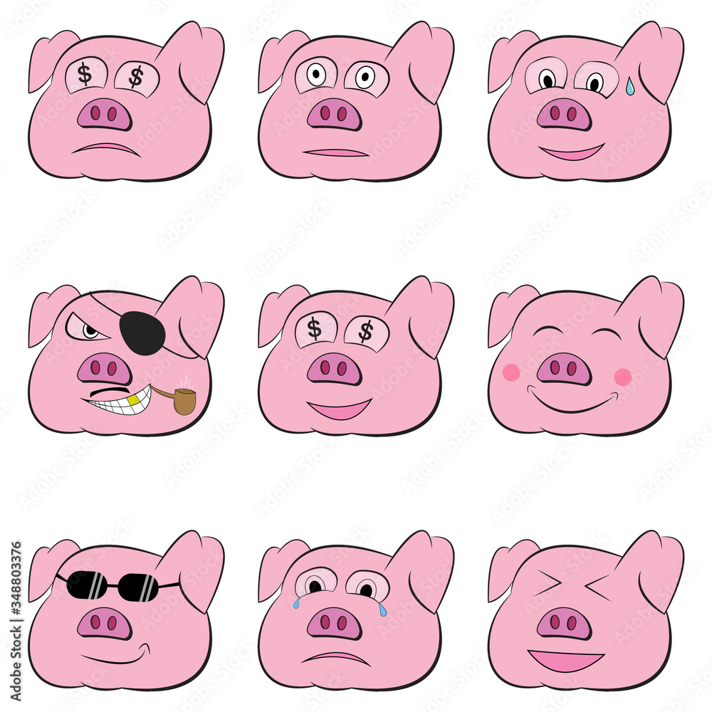 Cute pig face cartoon with many characters