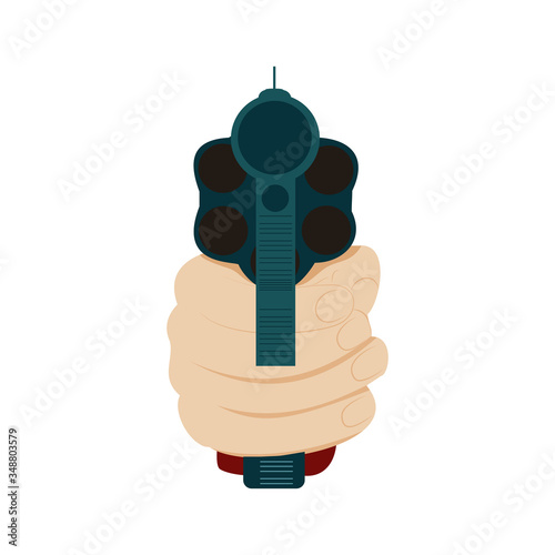 Hand holding gun in front view, vector illustration