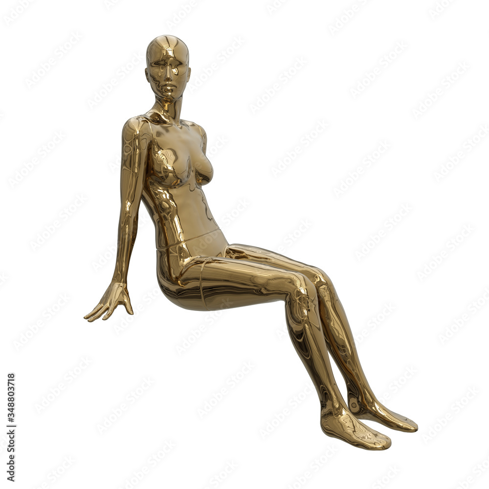 Golden shiny human figure. Female mannequin in a sitting pose. Beautiful golden female body. Side view. 3d illustration isolated on a white background. Golden shiny human figure. Female mannequin in a sitting pose. Beautiful golden female body. Side view. 3d illustration isolated on a white background.