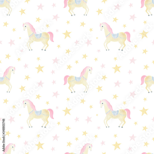 Cute watercolor horse, unicorn seamless pattern with stars. Girls magical background. Nursery, kids, children textile, fabric, covers. Hand painted watercolor circus horse. Wonderful fantasy pattern.