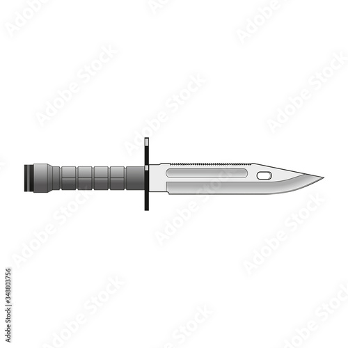 Millitary, hunting large knife with sharp blade and grey handle. Dangerous weapon on white background