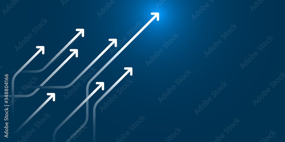 White arrow up on dark blue background illustration, business growth concept.