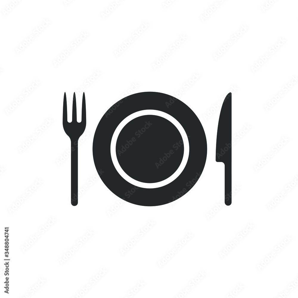 Fork knife and plate icon logo. Simple flat shape restaurant or cafe place sign. Kitchen and diner menu symbol. Vector illustration image. isolated on white background. Fork knife and plate icon logo. Simple flat shape restaurant or cafe place sign. Kitchen and diner menu symbol. Vector illustration image. isolated on white background.