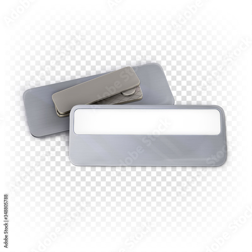 Rectangular corporate name badge. Metallic silver badge. Business mock up, template isolated on white transparent background. Set of 3d vector mockup or blank template isolated on a white background.