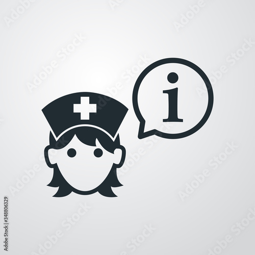 Símbolo de información sanitaria. Icono plano lineal i en gobo de habla y enfermera con cofia en fondo gris