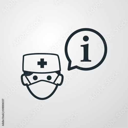 Símbolo de información sanitaria. Icono plano lineal i en gobo de habla y médico con máscara hospital en fondo gris