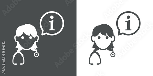 Símbolo de información sanitaria. Icono plano lineal i en gobo de habla y mujer médico con estetoscopio en fondo gris y fondo blanco