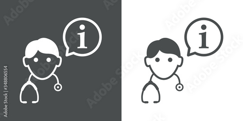 Símbolo de información sanitaria. Icono plano lineal i en gobo de habla y médico con estetoscopio en fondo gris y fondo blanco