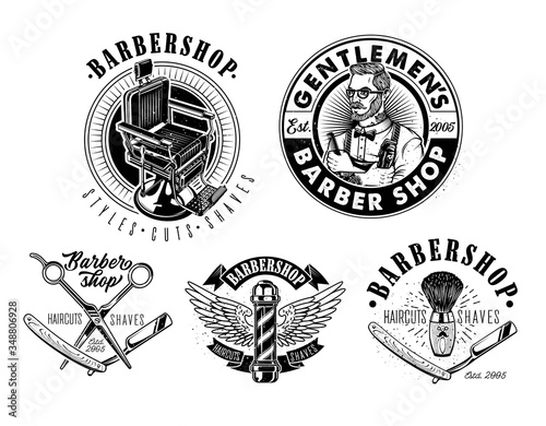 Set of Vintage Barbershop Emblems, Labels and Logos.The Barber with Hair Clipper and Hairbrush. Vintage Barber Chair. Vector Illustration.