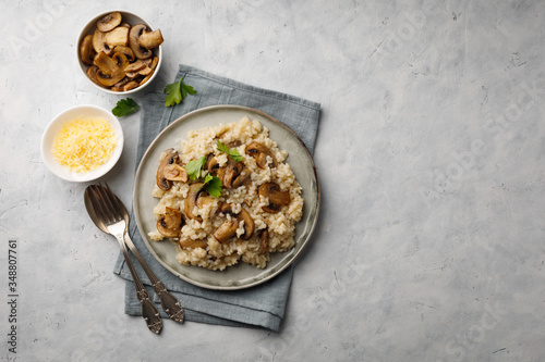 Canvastavla A dish of Italian cuisine - risotto from rice and mushrooms