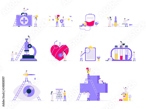Healthcare medical science concepts set with tiny people doctors and medicine equipment working together flat style design vector illustration isolated on white background. Medical research laboratory