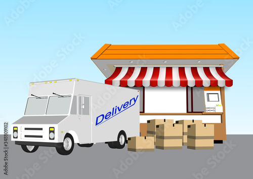 Online delivery service UI illustration with dron, courier on bike and delivery van with box. Internet shipping concept with modern city. Transportation and logistic digital shopping ad banner.