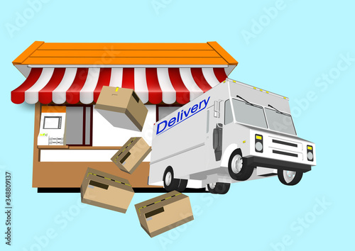 Online delivery service UI illustration with dron, courier on bike and delivery van with box. Internet shipping concept with modern city. Transportation and logistic digital shopping ad banner.