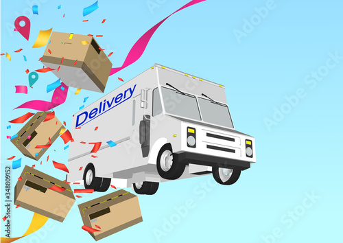 Online delivery service UI illustration with dron, courier on bike and delivery van with box. Internet shipping concept with modern city. Transportation and logistic digital shopping ad banner.