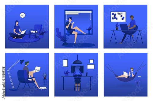 Working at home concept, Coworking space flat illustration. Young people, man and woman freelancers working at their home. Home office in covid-19 crisis. Vector flat style self employed illustration