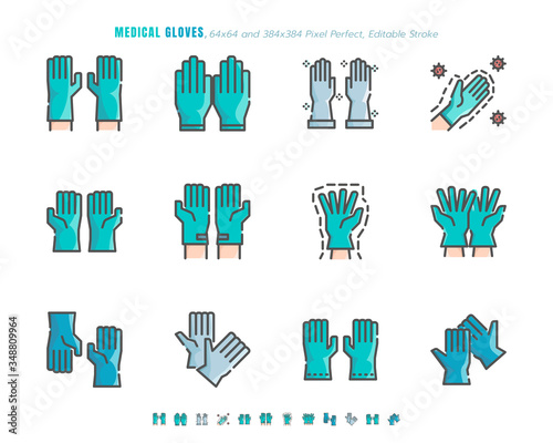Simple set of Medical Gloves. Covid-19 or Coronavirus Disease 2019 Prevention Related. Filled Outline Flat color Icon Set. 64x64 Pixel Perfect. Editable Stroke. Vector Illustration EPS 10.