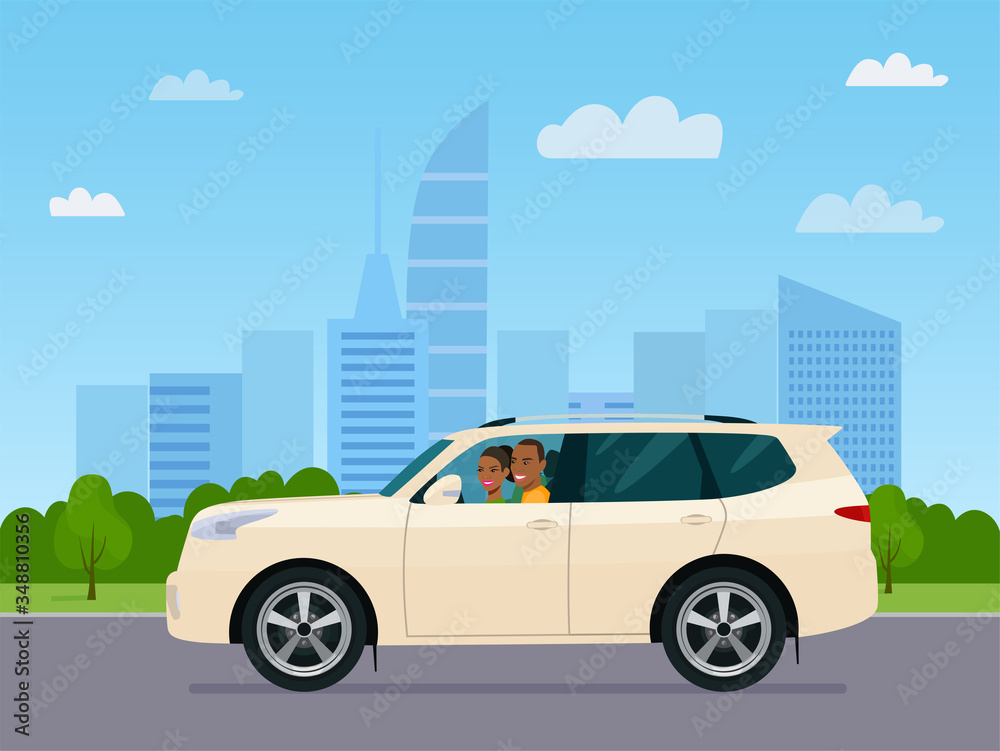 SUV car with a afro american man and woman driving on a background of abstract cityscape. Vector flat style illustration.