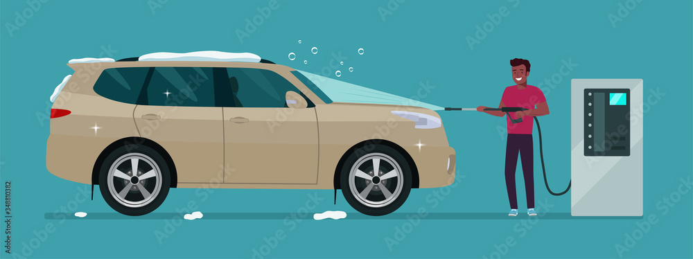 Naklejka premium A afro man washes a car in a self-service car wash. Vector illustration.