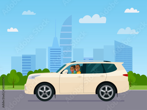 Fototapeta Naklejka Na Ścianę i Meble -  SUV car with a afro american man and woman driving on a background of abstract cityscape. Vector flat style illustration.