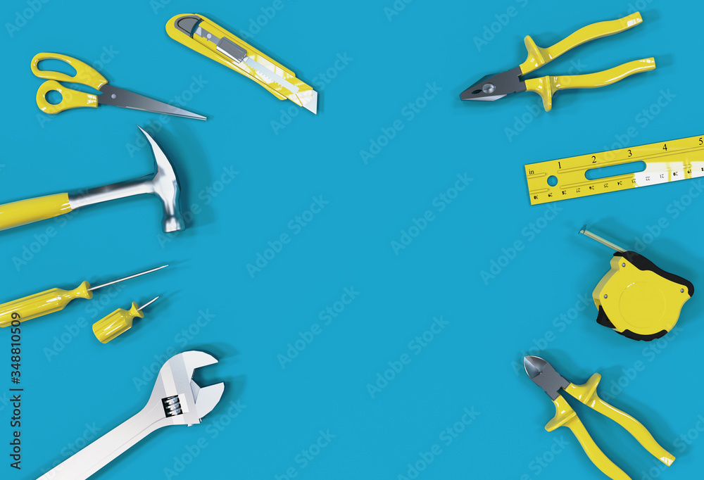 Naklejka premium Many yellow hand tools on a blue background, there is space for your ad.