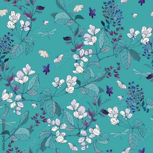 Hand-drawn twigs with flowers and leaves of apple and lilac on a light blue satin background. Tender spring seamless vector pattern. Square repeating design for fabric and wallpaper