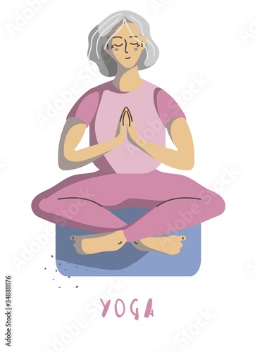 Silver generation woman sitting in lotus position. Vector isolate on a white background. Yoga classes for the elderly. Vector illustratio
