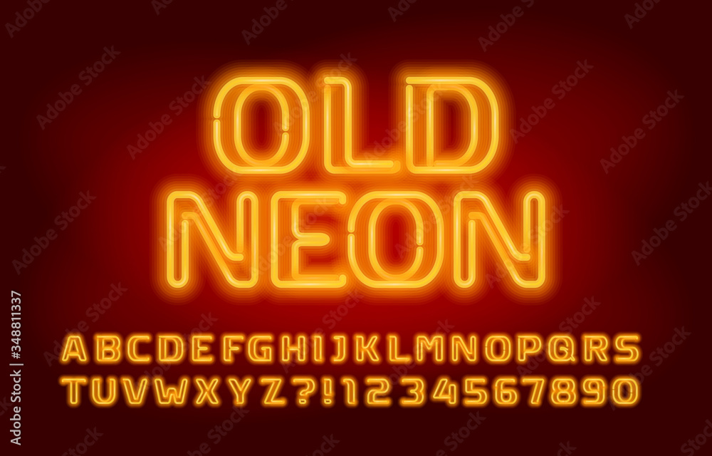 Obraz premium Stara czcionka alfabetu Neon. Świecące żółte neonowe litery i cyfry. Wektor krój pisma do projektowania.