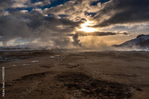 Water vapor coming out of the chimneys of Hverir in Iceland