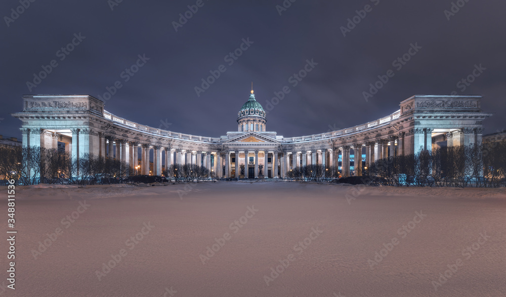 Kazan Cathedral on a winter. Winter cityscape of St. Petersburg. Night illumination of the Kazan Cathedral