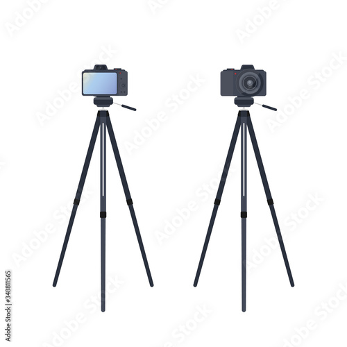 Camera on a tripod isolated on a white background. The camera is mounted on a tripod front and rear view. Vector.
