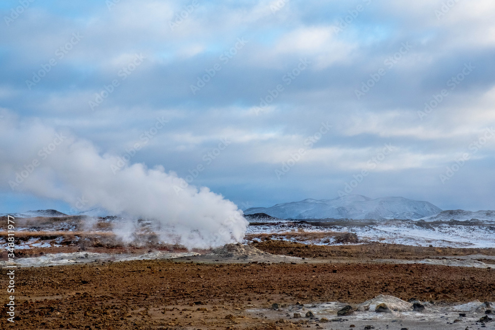 Water vapor coming out of the chimneys of Hverir in Iceland