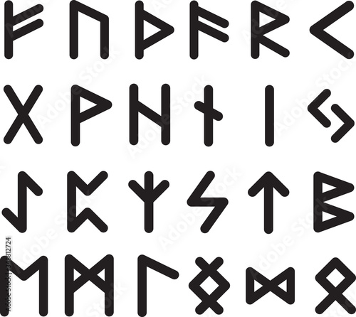 Collection of 24 scandinavic runes black inside.  Silhouette futhark icon set. Elder viking hieroglyphics. Vector illustration photo