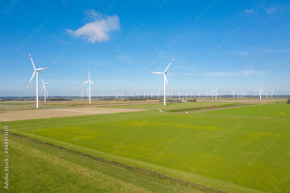 Aerial drone view of a wind farm near Reussenkoege