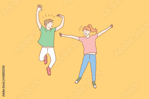 Jumping kids, success, friendship, childhood concept. Young happy smiling children boy and girl teenagers pupils cartoon characters jump bouncing together. Happiness and joy lifestyle illustration.