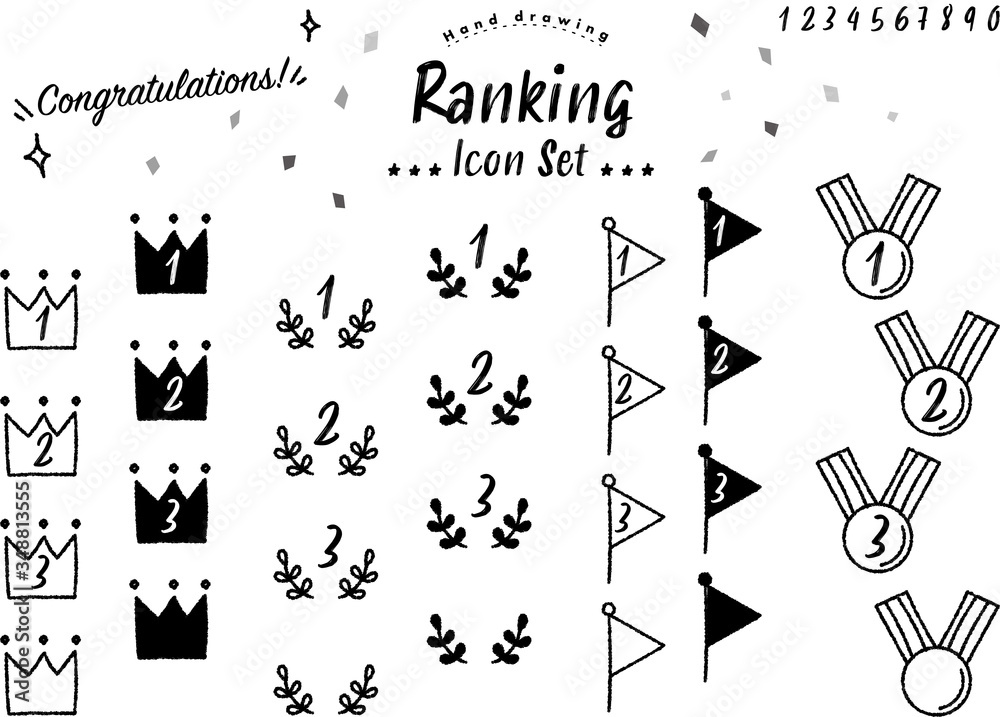 ランキング アイコン セット ベクター 順位 ランク 王冠 クラウン 月桂樹 旗 フラッグ メダル 手書き 手描き デザイン チョーク クレヨン グラフィック フレーム ロゴ マーク 冠 順番 数字 装飾 パーツ かわいい おしゃれ カフェ スタイリッシュ 賞 優勝 1位 2位 3位