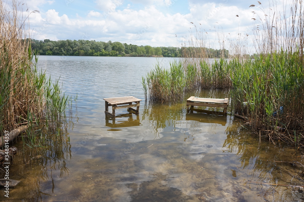 Bridges for fishermen in the backwater near the shore