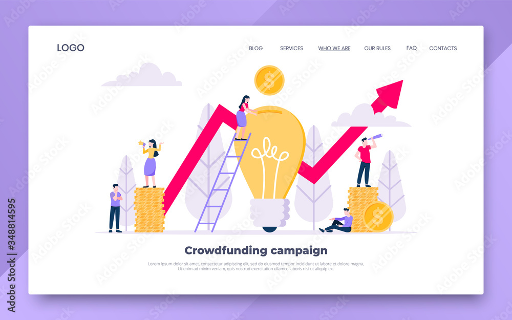 Crowdfunding composition concept of fundraising. Coins money currency, light bulb and red arrow with tiny people landing page template flat style design vector illustration isolated white background.