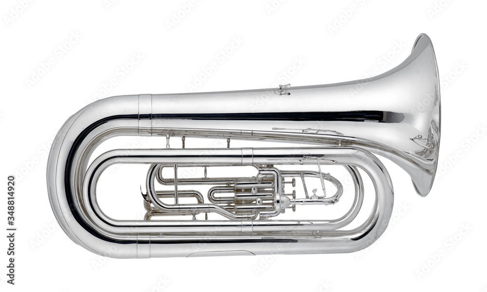 Obraz premium Silver Tuba, Tubas Brass Music Instrument Isolated on White background 3D rendering