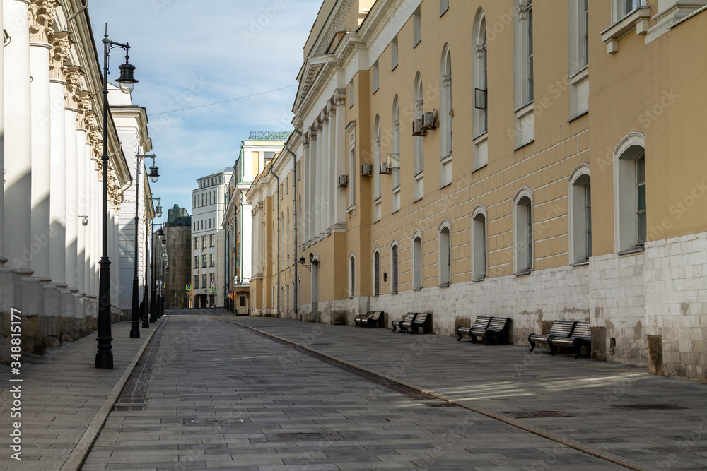 Covid-19, quarantine in Moscow, coronavirus in Russia. Empty streets without people