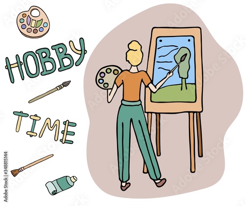 Painter drawing on easel. Hand drawn colored doodle vector illustration. . Woman artist with palette painting landscape on canvas using brush. Art supplies, Hobby time isolated on white background