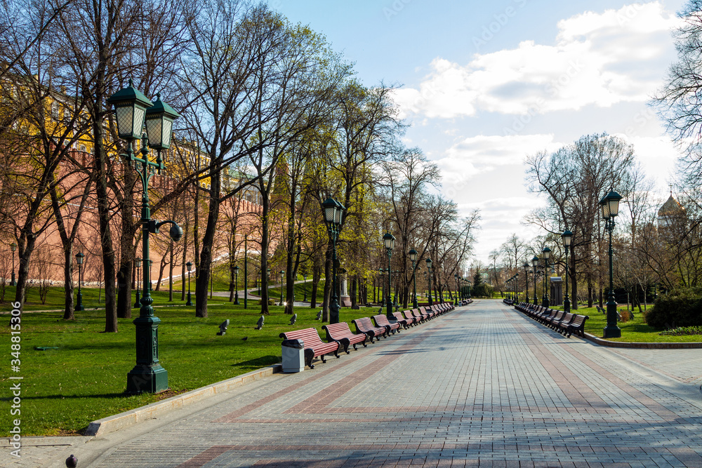 Covid-19, quarantine in Moscow, coronavirus in Russia. Empty streets without people. Alexander Garden