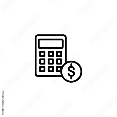 Calculator and dollar vector icon in linear, outline icon isolated on white background
