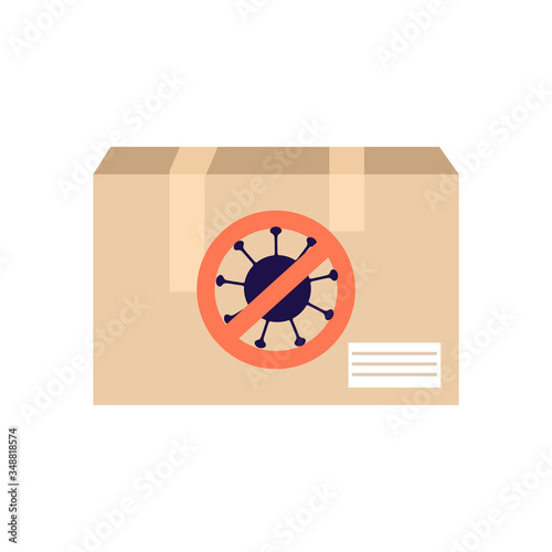 Parcel box illustration with stop virus COVID-19 sign. Quarantine illustration for stop the coronavirus pandemic. Vector on white background.
