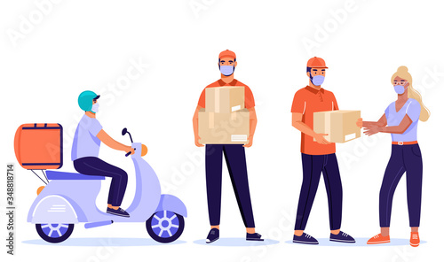 Set of safe online delivery service illustration. Man courier with parcel riding on scooter and client. Online order during quarantine. Vector illustration on white background.