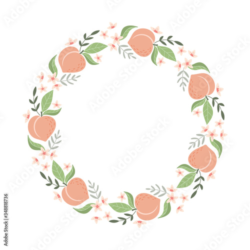 Peach wreath with leaves and flowers. Vector illustration.