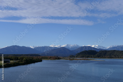 Stream in New Zealand West Coast, Hokitika River with Southern Alps