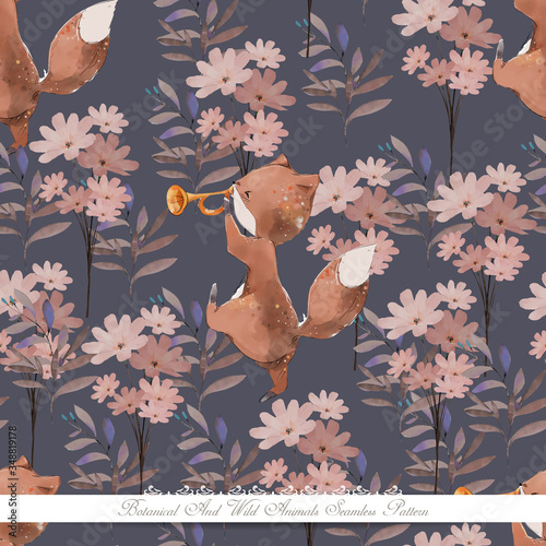 Art of botanical and wild animal in watercolor style wallpaper image in seamless pattern